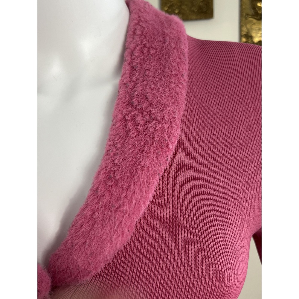 Staud Pink Ribbed Knit Cardigan Sweater with Matching Faux-Fur Collar Size M - Picture 3 of 8